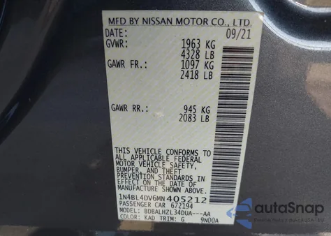 2021 Nissan Altima Sv Fwd из США, поврежденный, VIN 1N4BL4DV6MN405212